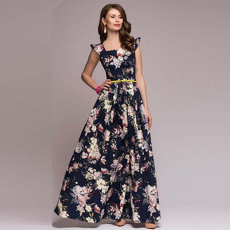 Vintage Flower Sleeveless Swing Maxi Dress