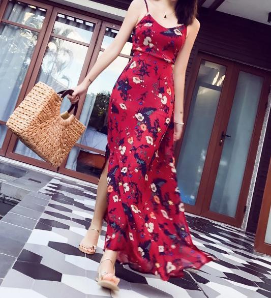 2018 Summer Floral Print Spaghetti Strap Side Split Beach Maxi Dress