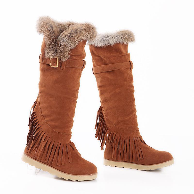 Flat high boots round fringed frosted casual snow boots large size women s boots