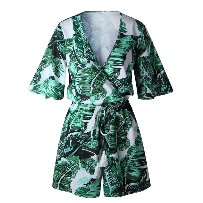 Green Leaves Tropical Floral Sleeves Fringes Bohemia Jumpsuit