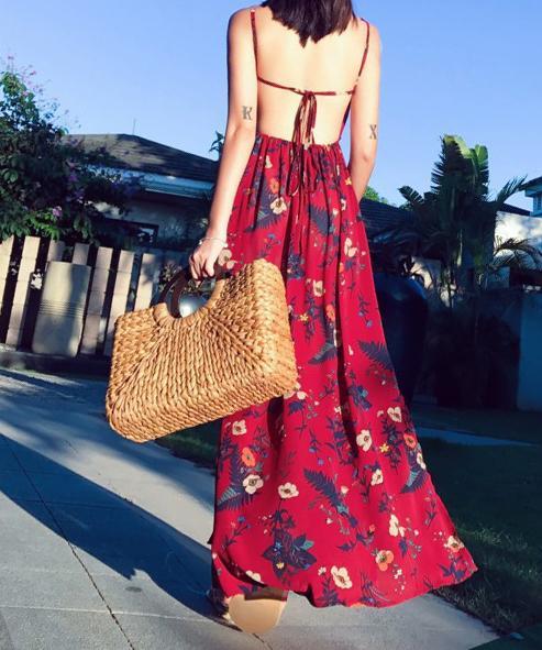 2018 Summer Floral Print Spaghetti Strap Side Split Beach Maxi Dress