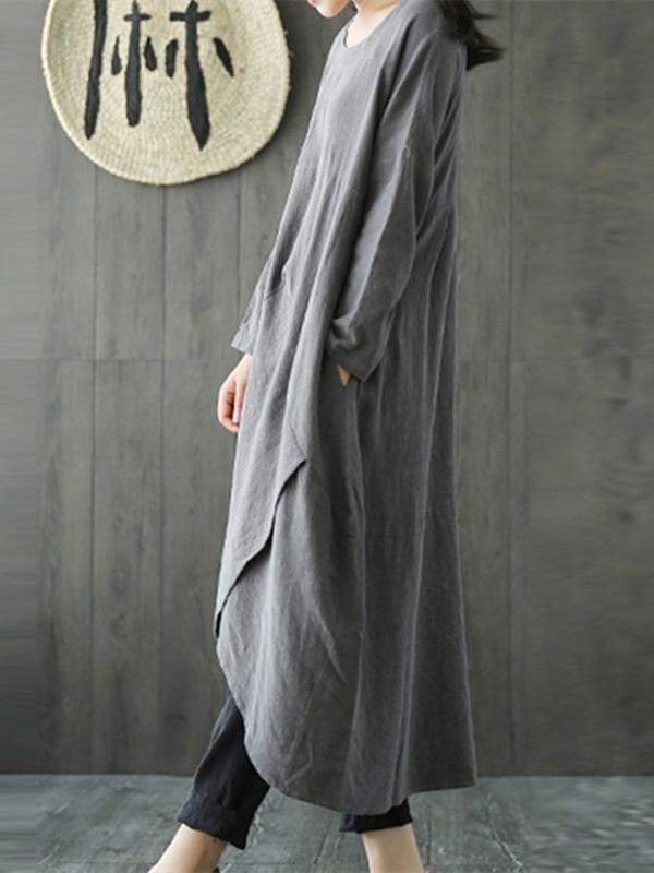 Solid Color Linen Cotton Loose Maxi Dress