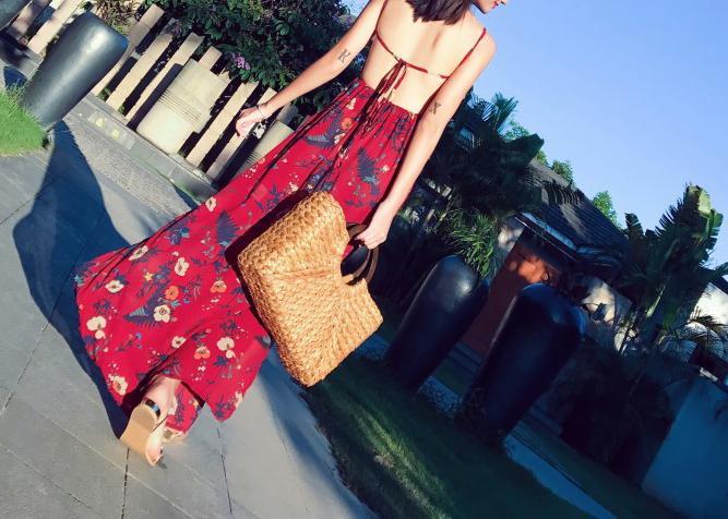 2018 Summer Floral Print Spaghetti Strap Side Split Beach Maxi Dress