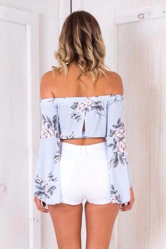 Off Shoulder Print Long Sleeve Casual Tops Shirts Blouse