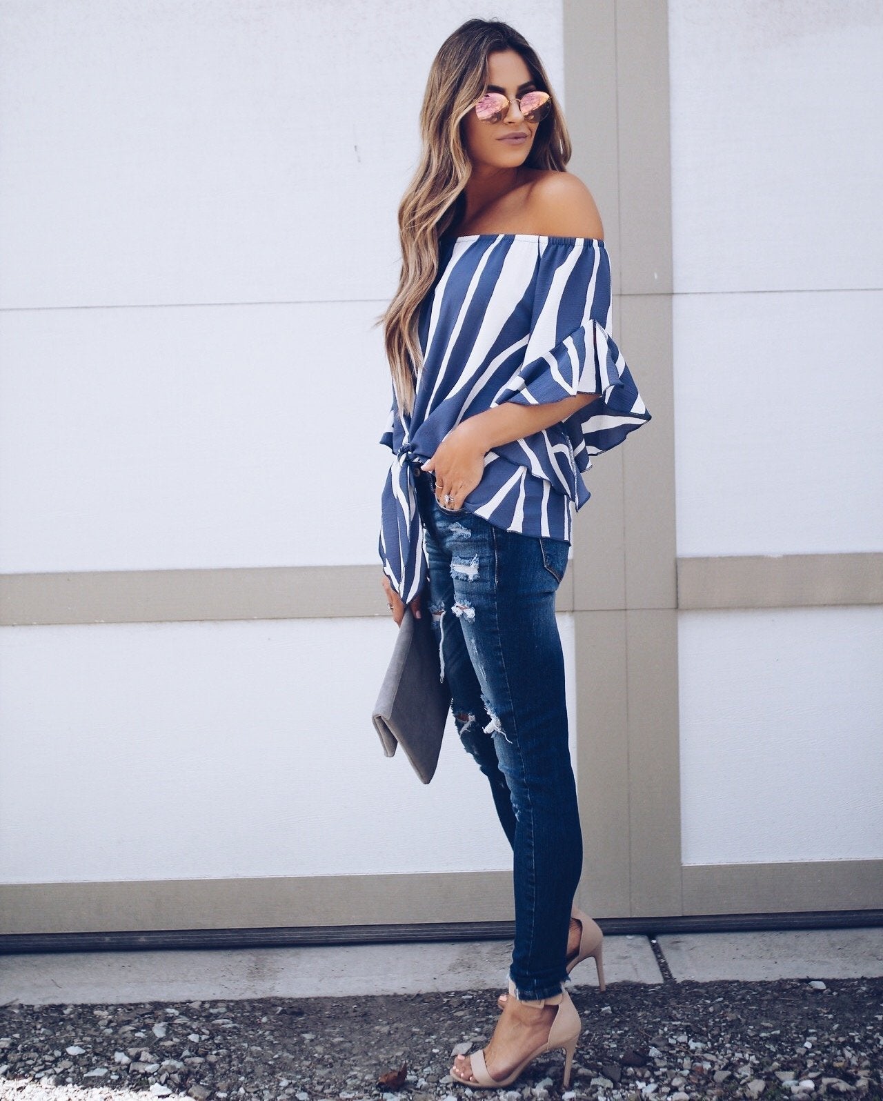 Stripe Off Shoulder Trumpet Sleeve Tops Shirt Blouses