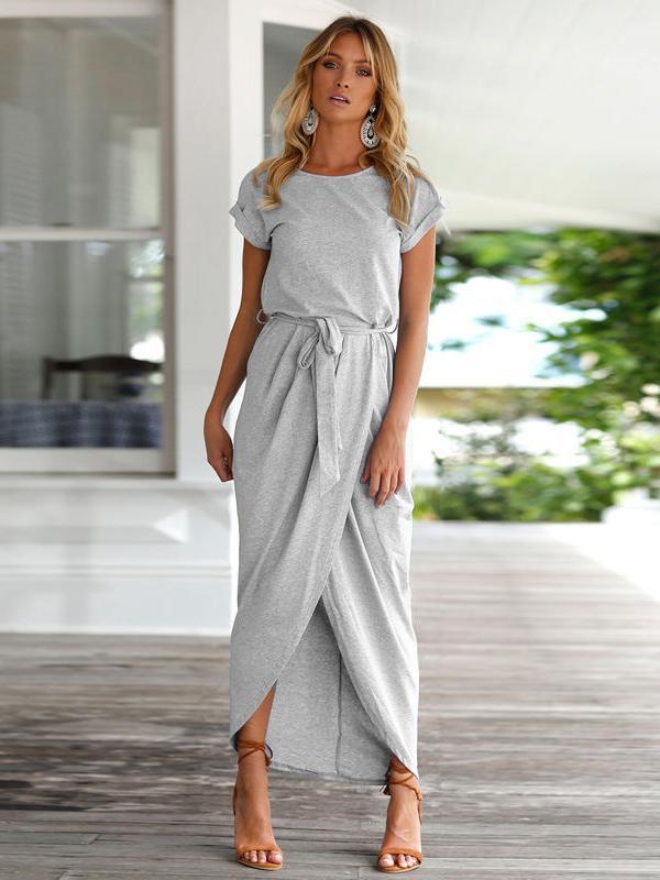 Solid Color Split-front Round-neck Maxi Dress