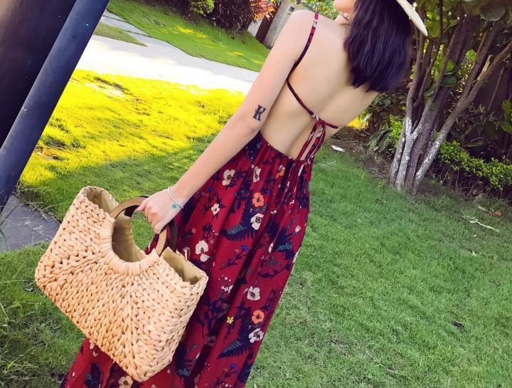 2018 Summer Floral Print Spaghetti Strap Side Split Beach Maxi Dress