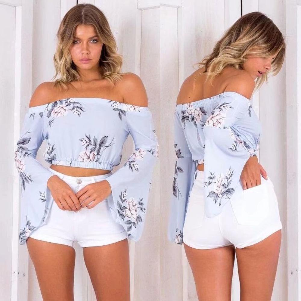 Off Shoulder Print Long Sleeve Casual Tops Shirts Blouse