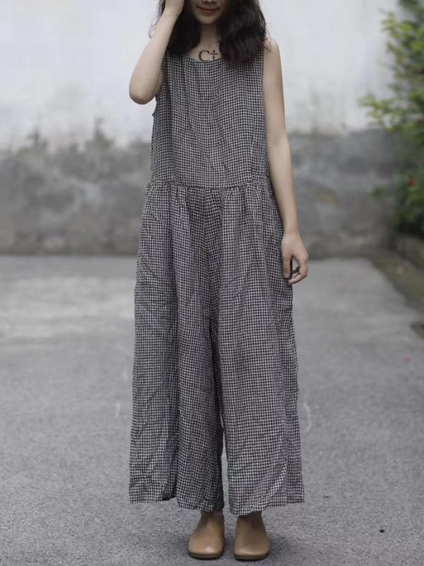 Free Size Linen Cotton Sleeveless Pockets Wide Leg Pants Jumpsuit