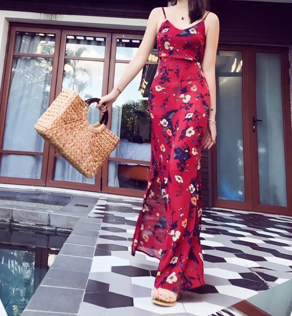 2018 Summer Floral Print Spaghetti Strap Side Split Beach Maxi Dress