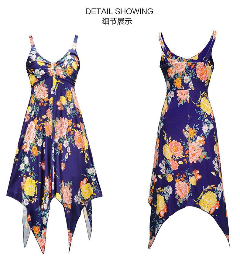 2018 New Printed Spaghetti Strap V Neck Sleeveless Irregular Dress