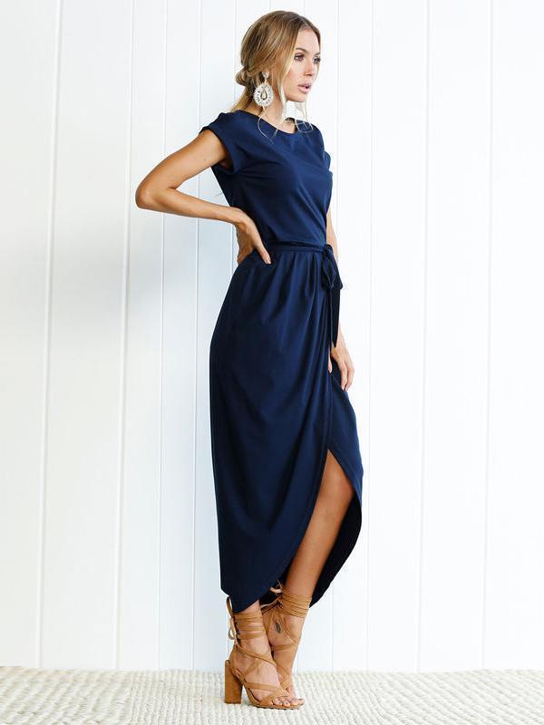 Solid Color Split-front Round-neck Maxi Dress