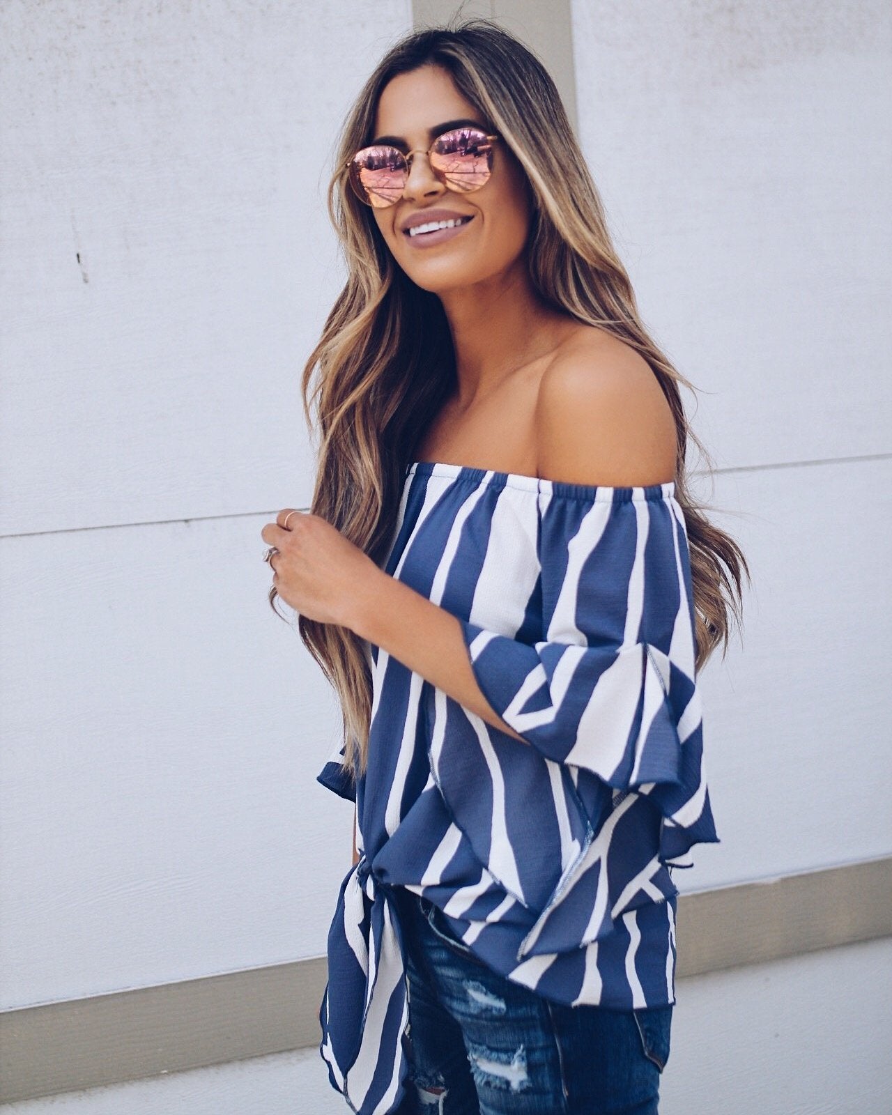 Stripe Off Shoulder Trumpet Sleeve Tops Shirt Blouses