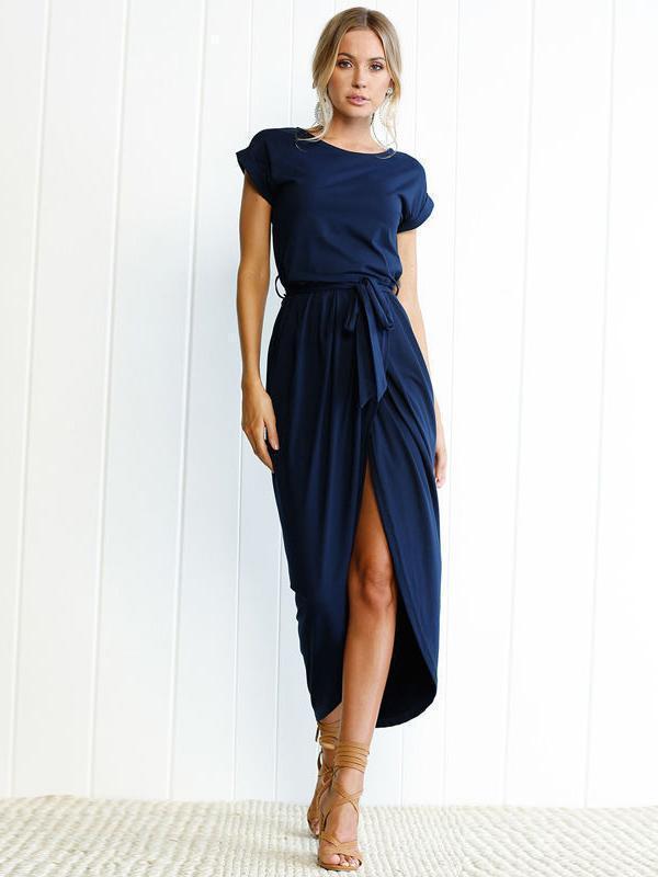 Solid Color Split-front Round-neck Maxi Dress