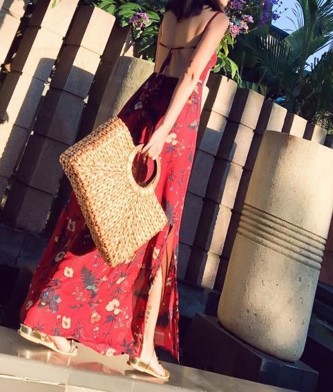 2018 Summer Floral Print Spaghetti Strap Side Split Beach Maxi Dress