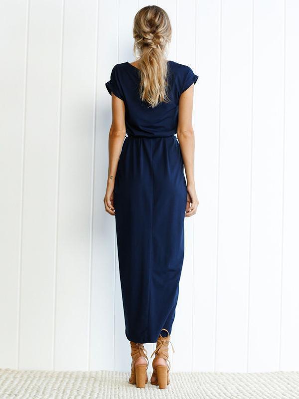 Solid Color Split-front Round-neck Maxi Dress