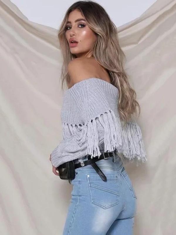 Knit Off Shoulder Long Sleeve Tassel Sweater