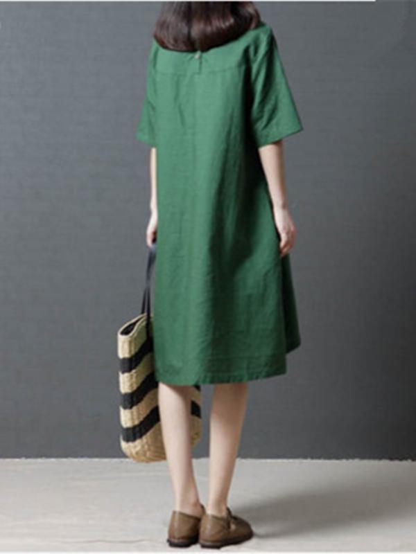 Linen Cotton Short Sleeve Loose Pockets Dress