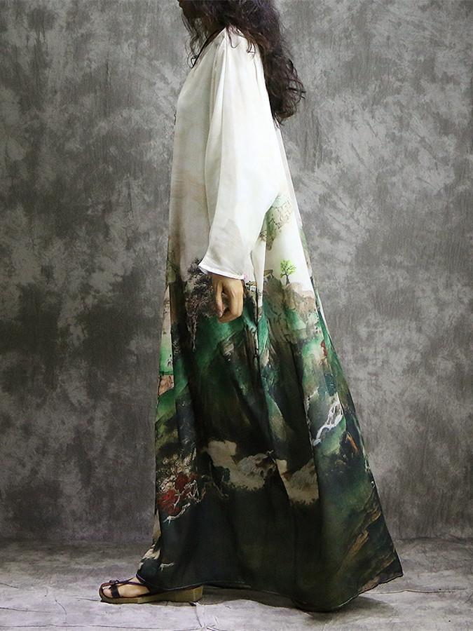 Print Plus Size Long Sleeve Loose Maxi Dress