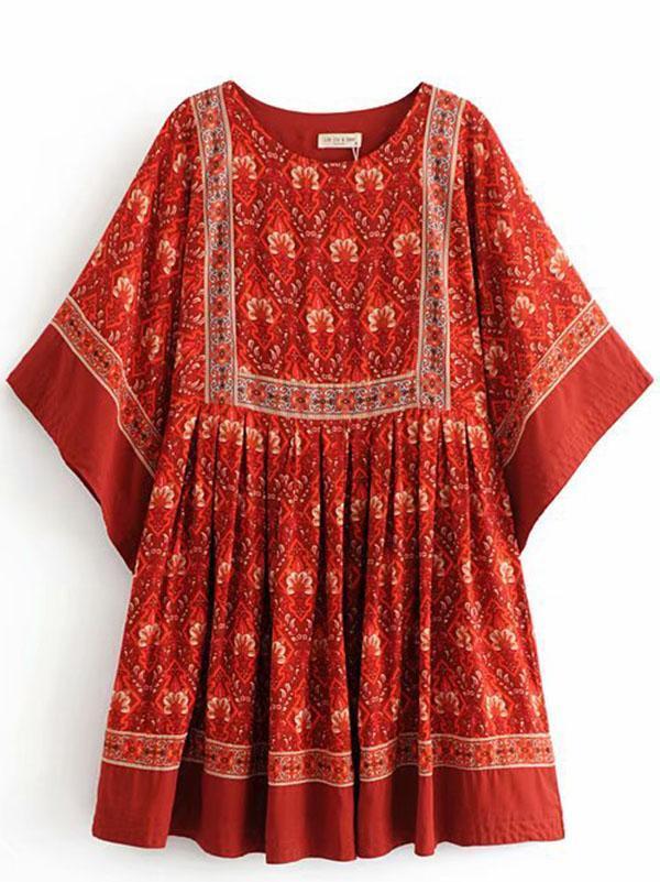 Floral Vintage Round Neck Casual Mini Dress