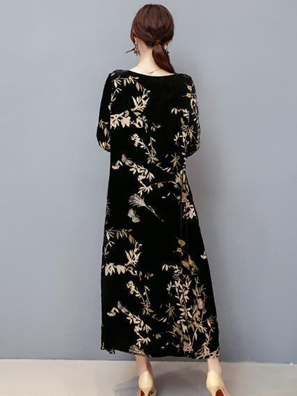 Velvet Print Round Neck Loose Maxi Dress