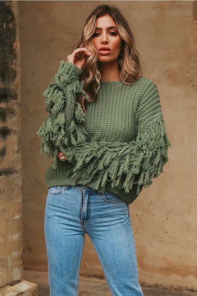 Solid Color Round Neck Long Sleeve Tassel Sweater