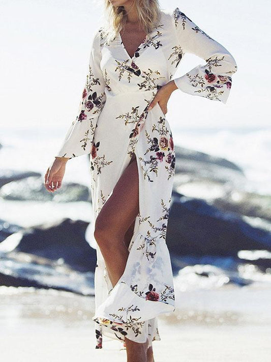 Floral-Print Long Sleeves Bohemia Maxi Dress