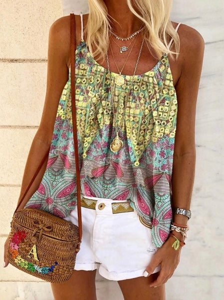 New Women's Summer Print Loose Sling Top