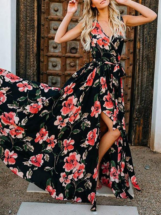 Chiffon V-neck Printed Holiday Long Dress