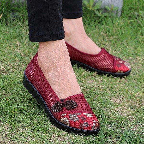 Flower Chineseknot Vintage Retro Mesh Breathable Slip On Flat Shoes