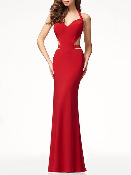 Red Backless Halterneck Evening Dress