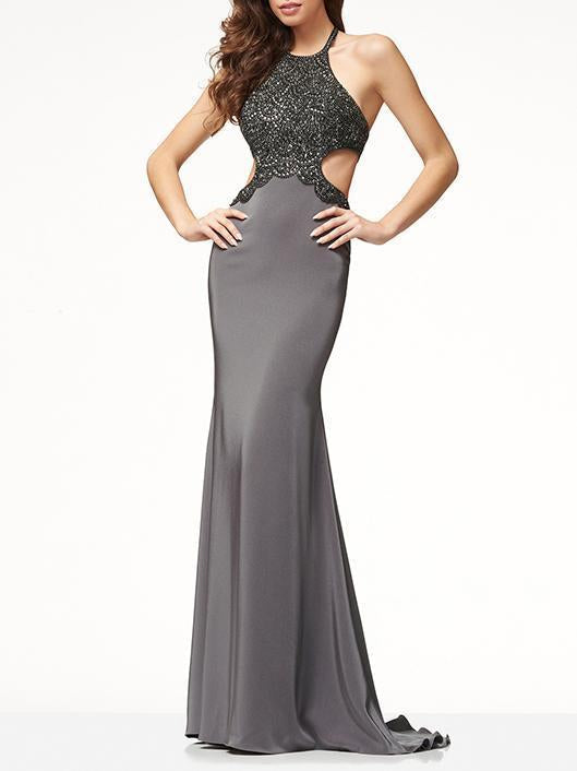 Halter Neck Backless Floor Evening Dress