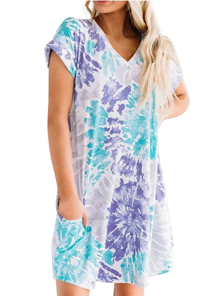 Fashion Womens Casual Loose sexy V-neck Tie-dye Pocket Short Sleeve Dress