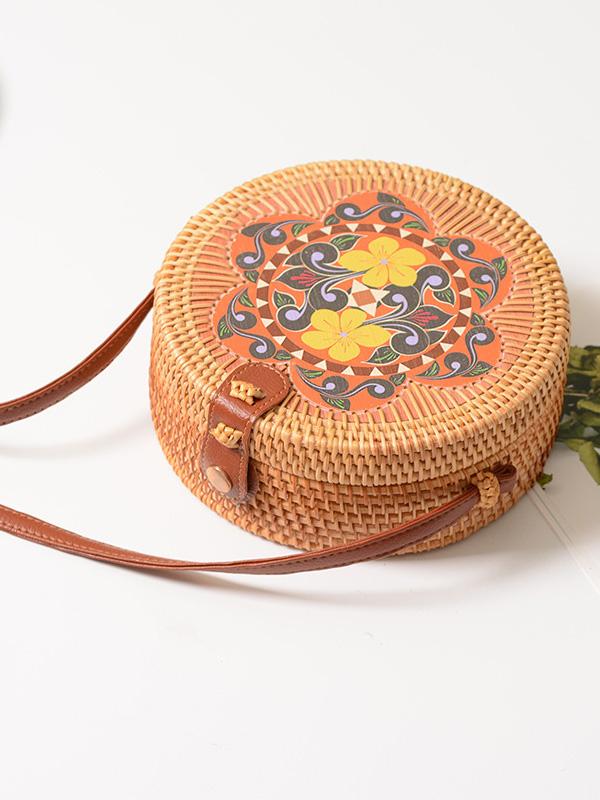 Boho Style Rattan Flower Pattern Round Bag