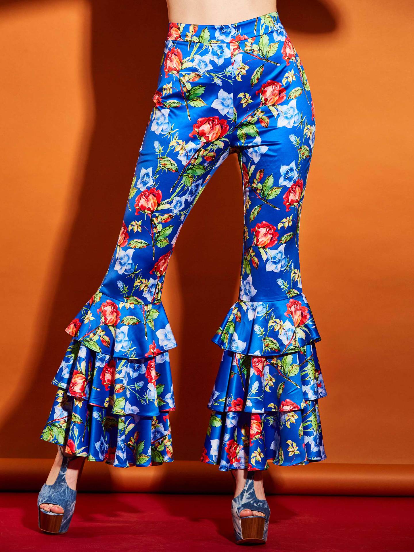 Bright Elastics Ruffles Floral Bellbottoms Pants