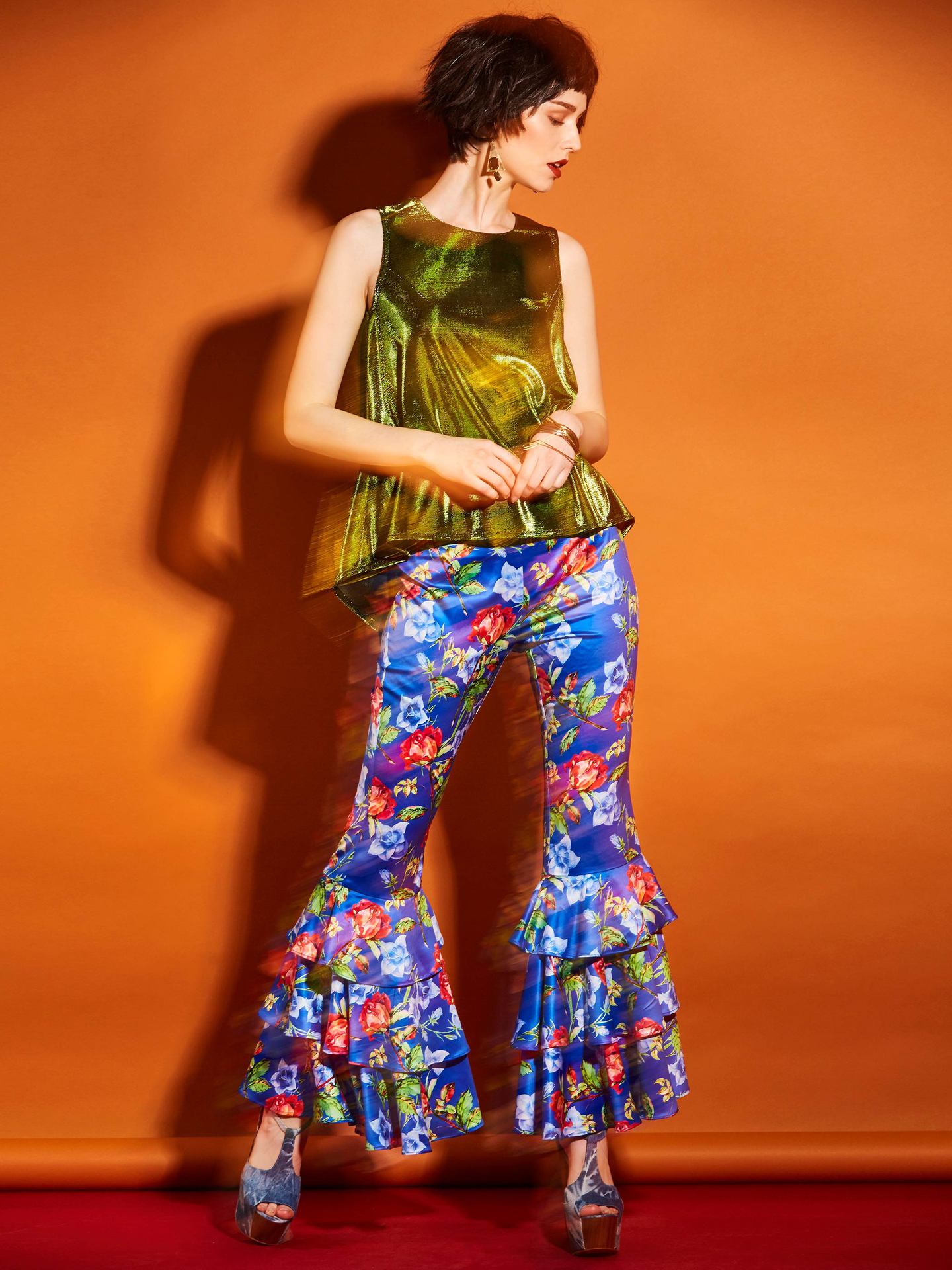 Bright Elastics Ruffles Floral Bellbottoms Pants