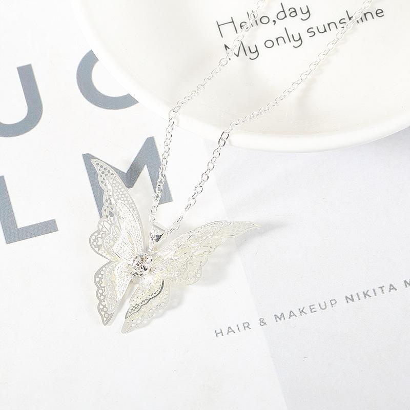 Silver Plated Openwork Butterfly Diamondd Wings Necklace