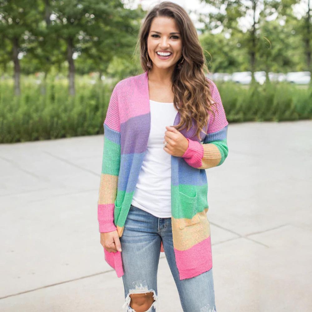 Rainbow Long Sleeves Color Block Knitted Cardigan Sweaters