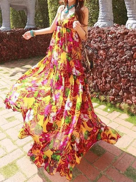 Bohemian Chiffon Dress Ladies Floral Printed Deep V-neck Sexy Spaghetti Strap Backless Summer Maxi Dress