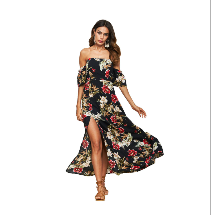 Off Shoulder Colorful Floral Printed Split Maxi Dress