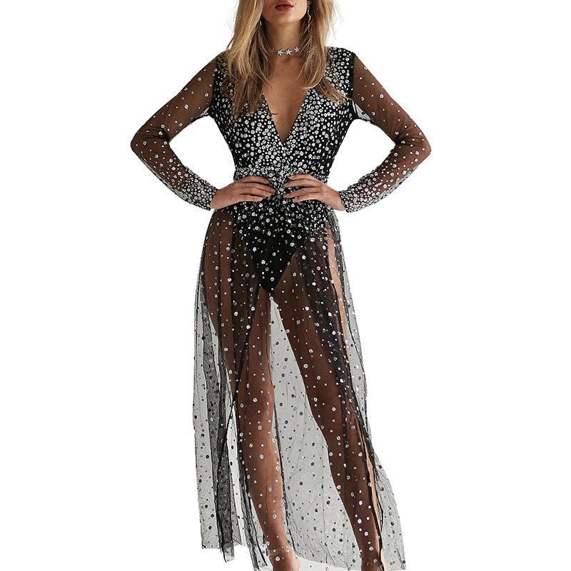 Sexy Deep-V Split Perspective Bronze Mesh Long Sleeve Dress