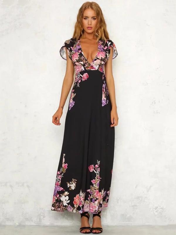 Deep V-neck Floral Split-side Maxi Dress