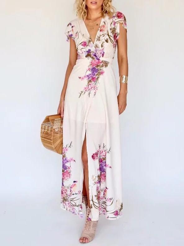 Deep V-neck Floral Split-side Maxi Dress