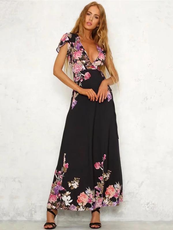 Deep V-neck Floral Split-side Maxi Dress