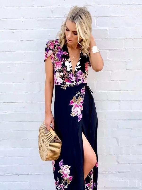 Deep V-neck Floral Split-side Maxi Dress