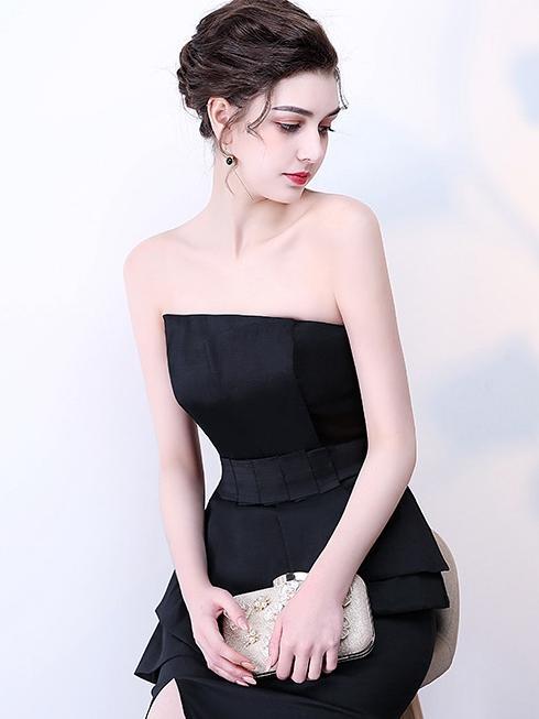 Long Black Tube Top Satin Dress