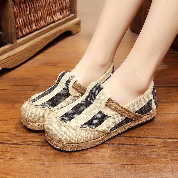 Stripe Pattern Flax Breathable Retro Flat Slip On Women Shoes