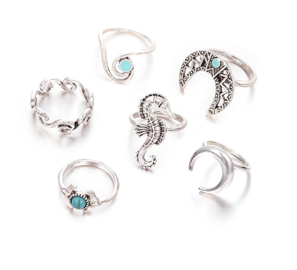 Vintage Sea Horse 6Pcs Turquoise Rings Sets