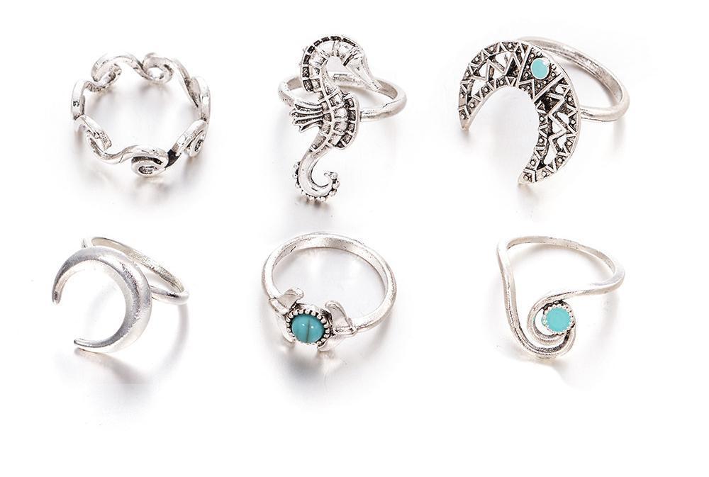 Vintage Sea Horse 6Pcs Turquoise Rings Sets