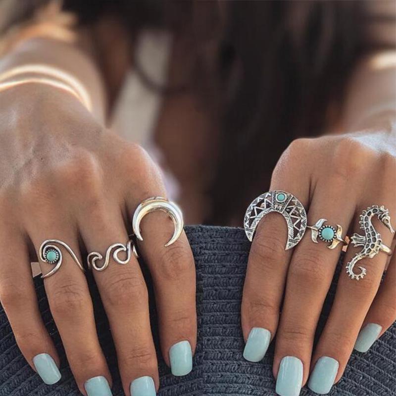 Vintage Sea Horse 6Pcs Turquoise Rings Sets